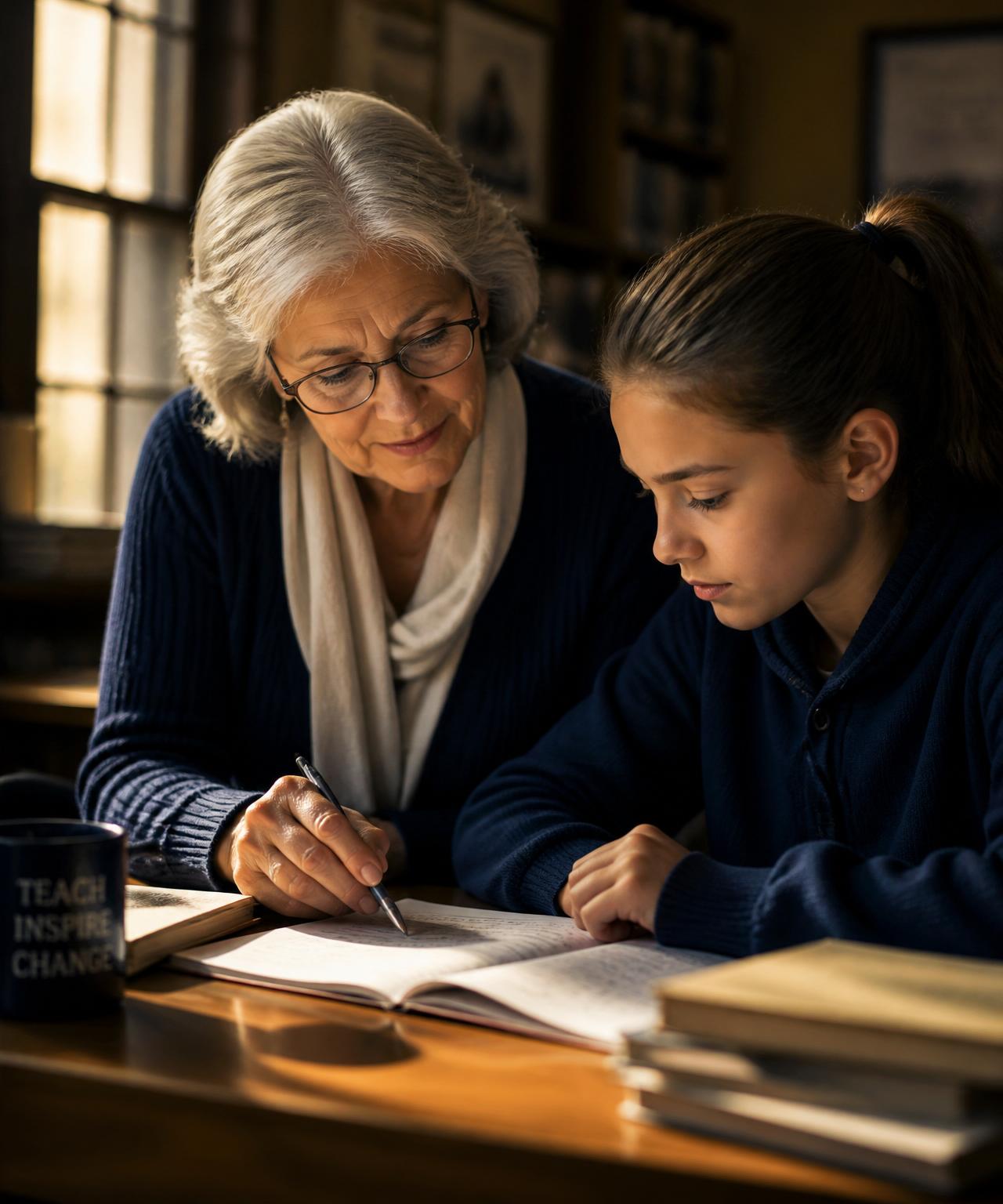 A retired teacher mentoring a student over an open notebook